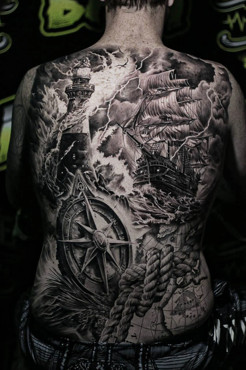 A black and grey realism full back piece of a stormy seascape with a ship, compass rose, and lighthouse-style coastal detail, at Bloodline Tattoo Bali.